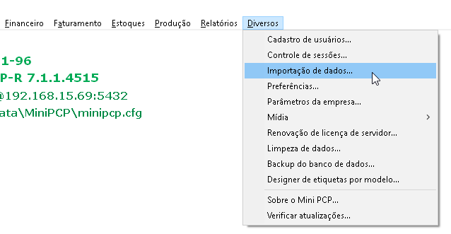 Menu "Importação de dados"