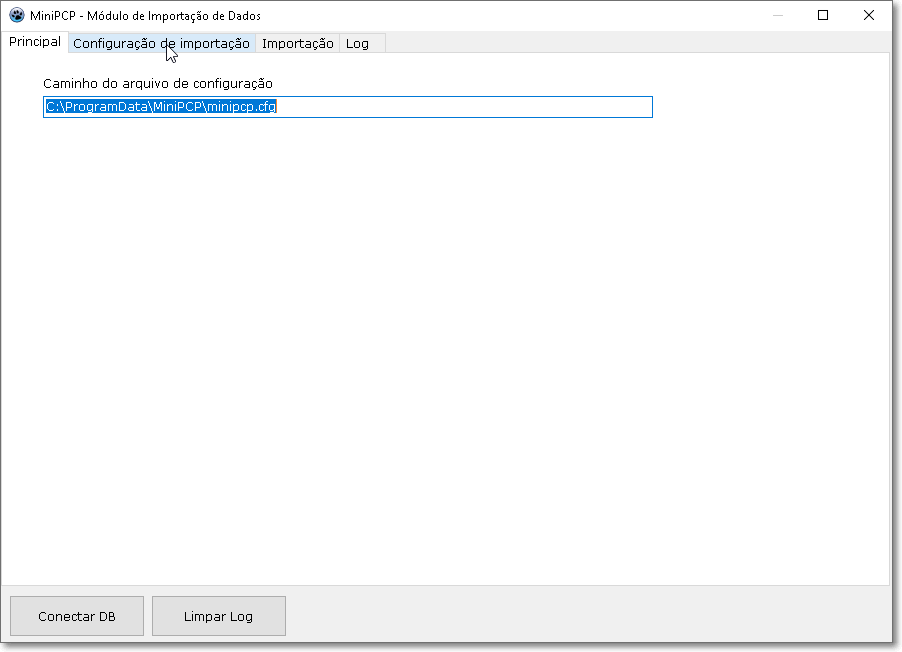 Aba principal do utilitário de importação de dados